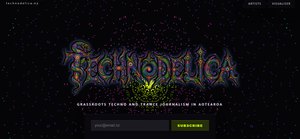 The front page of technodelica.nz: the Technodelica wordmark in psychedelic colour over a dark speckled field. Opens the site in a new tab.